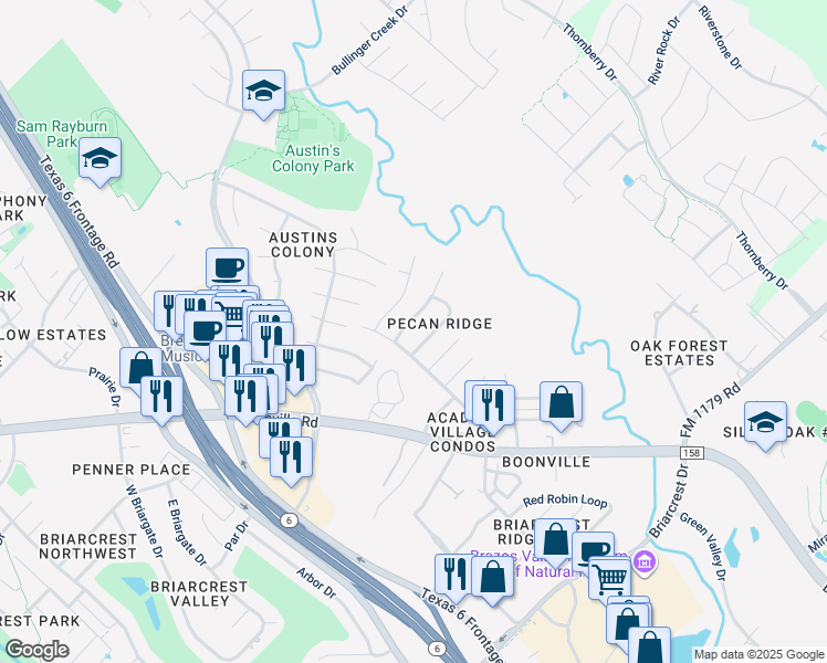 map of restaurants, bars, coffee shops, grocery stores, and more near 3604 Elliott Street in Bryan