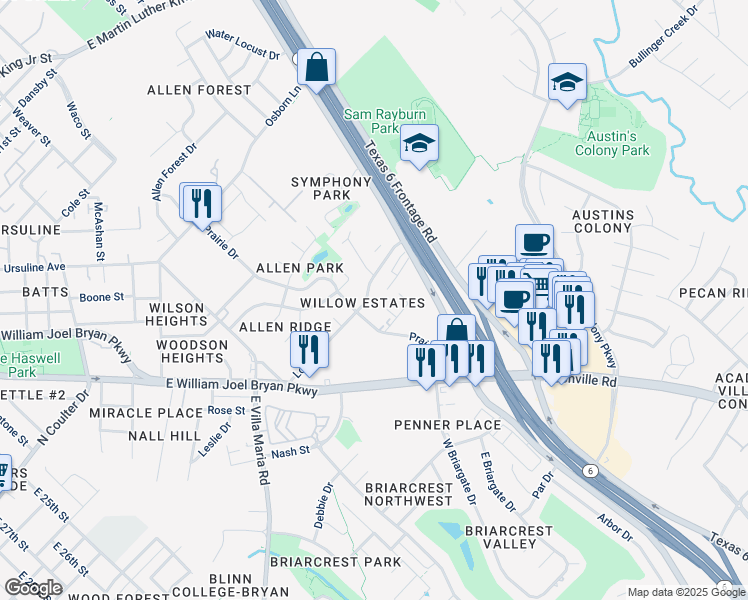 map of restaurants, bars, coffee shops, grocery stores, and more near 2408 Long Drive in Bryan
