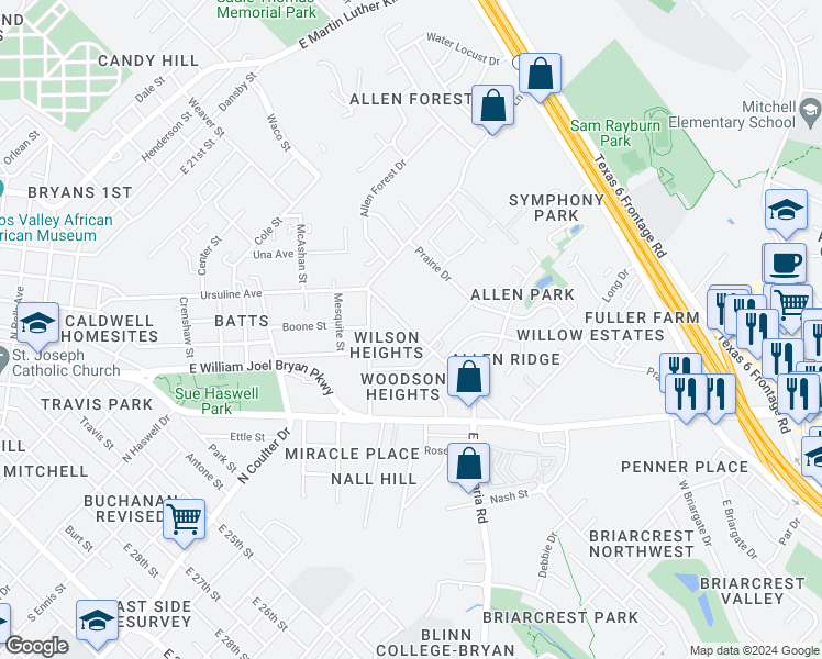 map of restaurants, bars, coffee shops, grocery stores, and more near 3109 East Villa Maria Road in Bryan