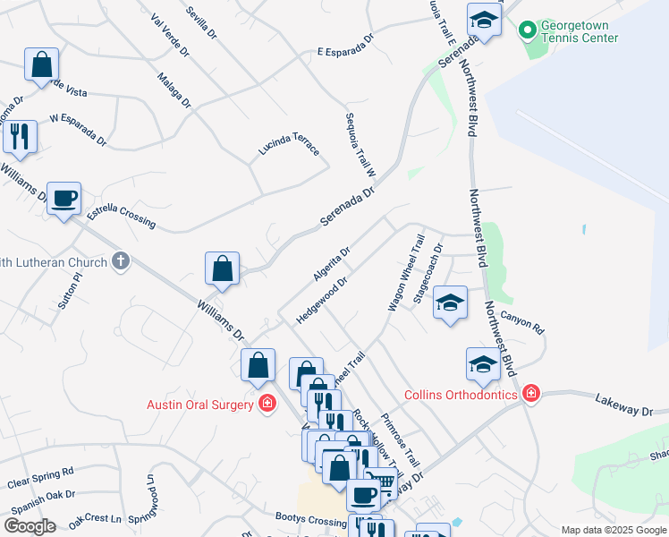 map of restaurants, bars, coffee shops, grocery stores, and more near 508 Algerita Drive in Georgetown