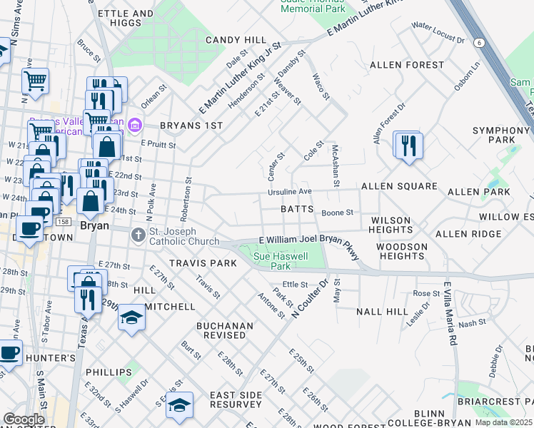 map of restaurants, bars, coffee shops, grocery stores, and more near 1203 Batts Street in Bryan