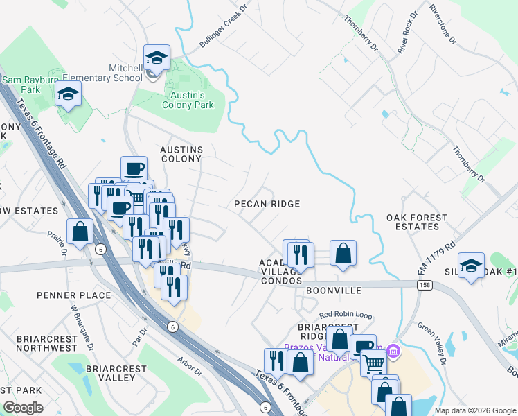 map of restaurants, bars, coffee shops, grocery stores, and more near 3612 Mahan Street in Bryan