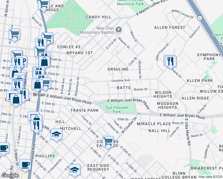 map of restaurants, bars, coffee shops, grocery stores, and more near 708 Crenshaw Street in Bryan