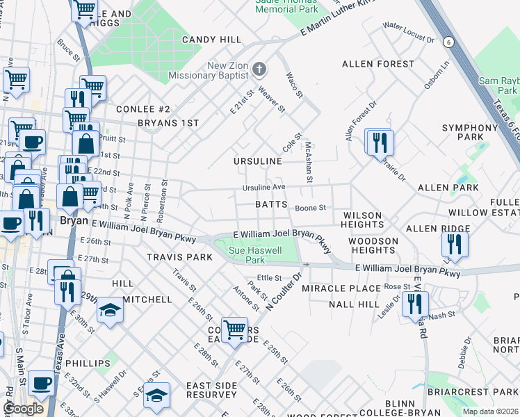 map of restaurants, bars, coffee shops, grocery stores, and more near 1301 Batts St in Bryan