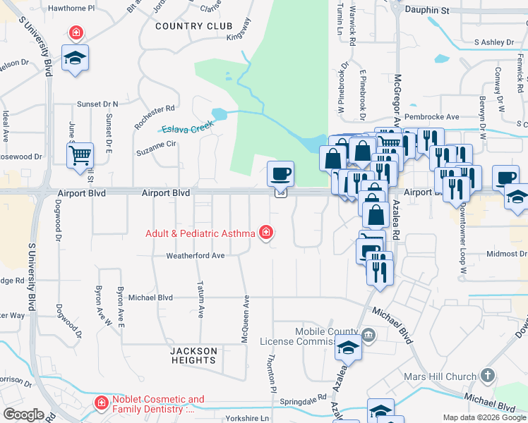 map of restaurants, bars, coffee shops, grocery stores, and more near 708 Spring Station Road in Mobile