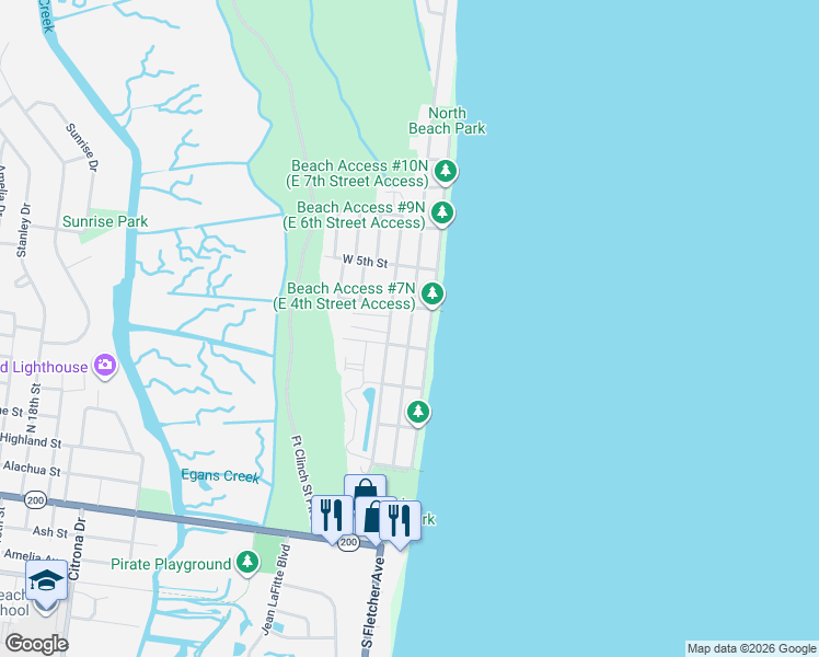 map of restaurants, bars, coffee shops, grocery stores, and more near 631 North Fletcher Avenue in Fernandina Beach