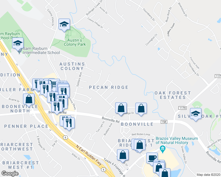 map of restaurants, bars, coffee shops, grocery stores, and more near 3612 Mahan Street in Bryan