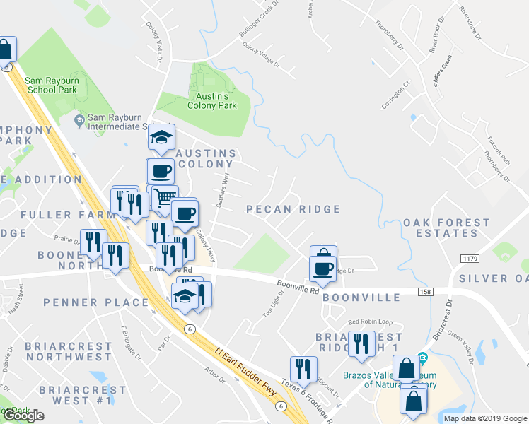 map of restaurants, bars, coffee shops, grocery stores, and more near 3602 Elliott Street in Bryan