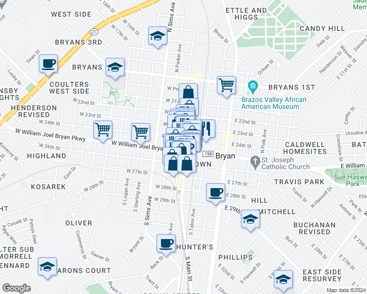 map of restaurants, bars, coffee shops, grocery stores, and more near 206 North Main Street in Bryan