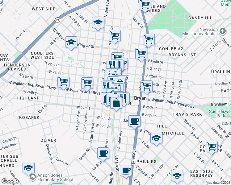 map of restaurants, bars, coffee shops, grocery stores, and more near 206 North Main Street in Bryan