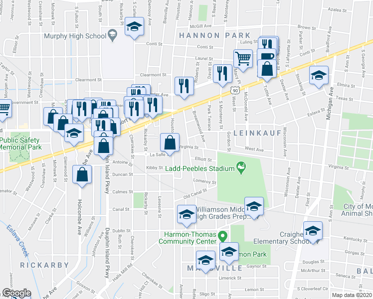map of restaurants, bars, coffee shops, grocery stores, and more near 402 Weinacker Avenue in Mobile
