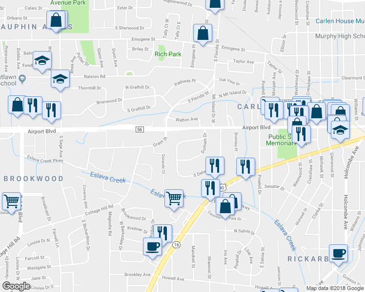 map of restaurants, bars, coffee shops, grocery stores, and more near 2555 North Delwood Drive in Mobile
