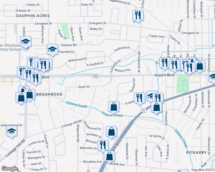 map of restaurants, bars, coffee shops, grocery stores, and more near 2703 Grant St in Mobile