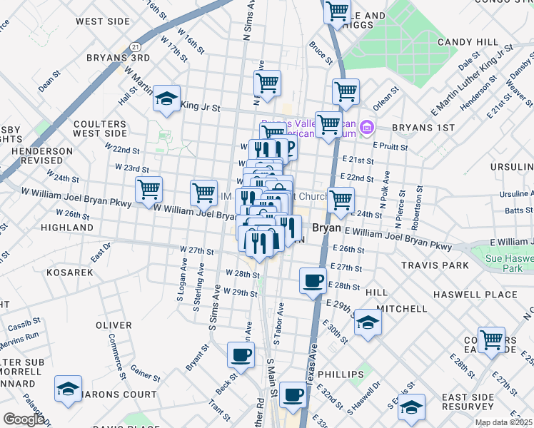 map of restaurants, bars, coffee shops, grocery stores, and more near 206 North Main Street in Bryan