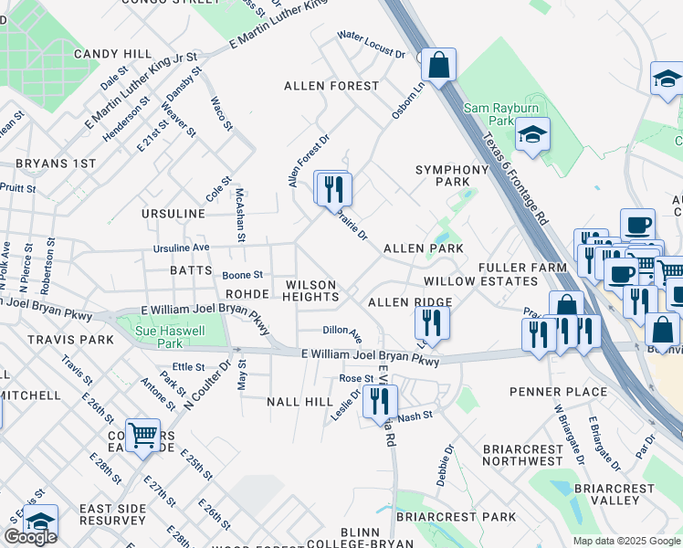 map of restaurants, bars, coffee shops, grocery stores, and more near 3130 East Villa Maria Road in Bryan