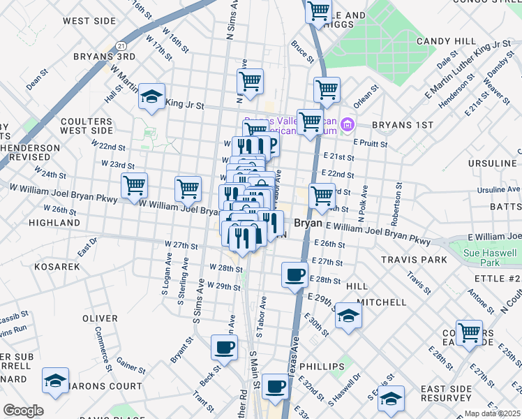 map of restaurants, bars, coffee shops, grocery stores, and more near 206 North Main Street in Bryan