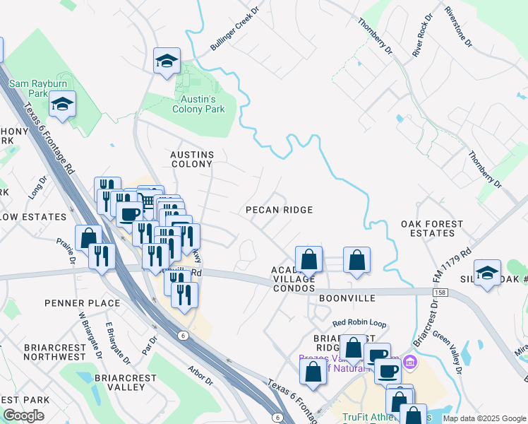 map of restaurants, bars, coffee shops, grocery stores, and more near 3606 Elliott Street in Bryan