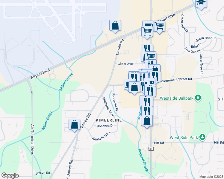 map of restaurants, bars, coffee shops, grocery stores, and more near 720 Bonneville Drive in Mobile