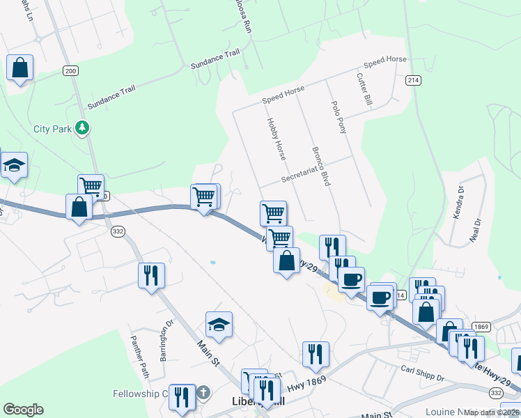 map of restaurants, bars, coffee shops, grocery stores, and more near 706 Speed Horse in Liberty Hill