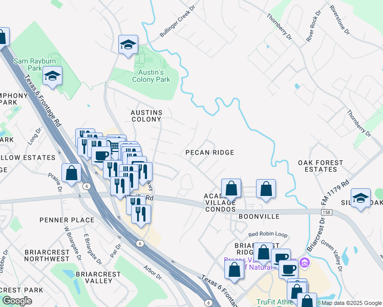 map of restaurants, bars, coffee shops, grocery stores, and more near 3602 Elliott Street in Bryan