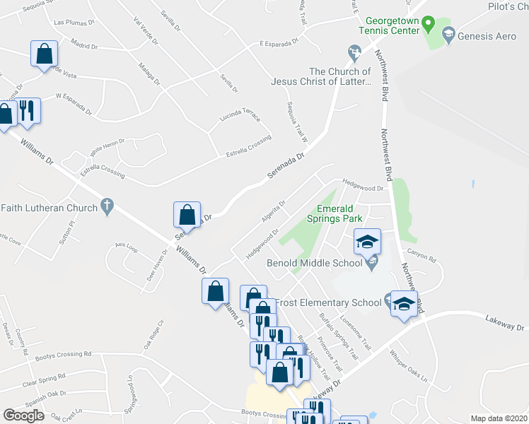 map of restaurants, bars, coffee shops, grocery stores, and more near 508 Algerita Drive in Georgetown