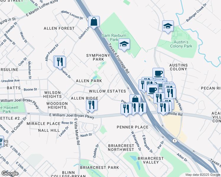 map of restaurants, bars, coffee shops, grocery stores, and more near 2408 Long Drive in Bryan