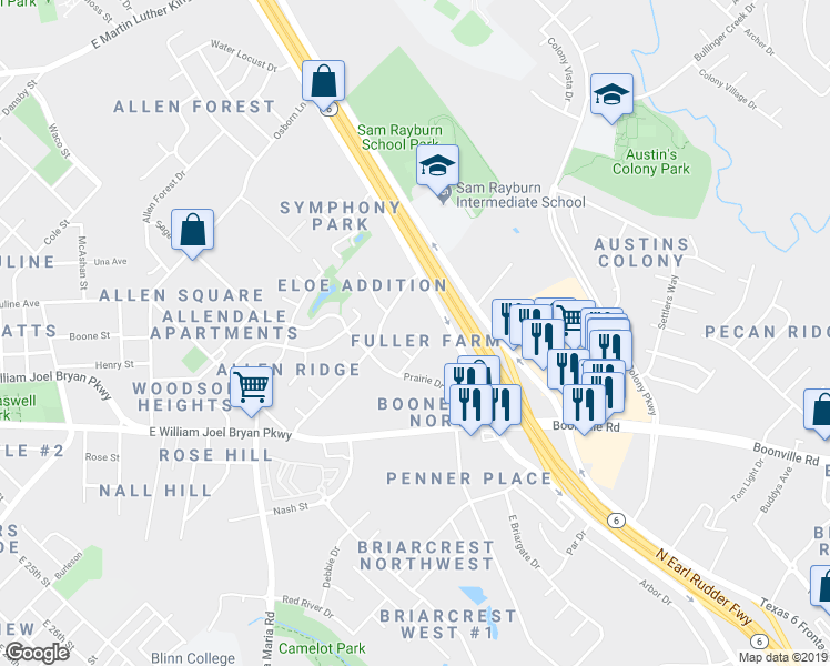 map of restaurants, bars, coffee shops, grocery stores, and more near 2402 Berger Drive in Bryan