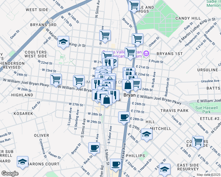 map of restaurants, bars, coffee shops, grocery stores, and more near 201-299 North Tabor Avenue in Bryan