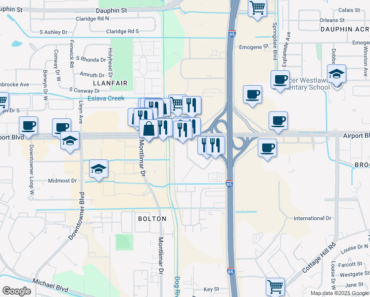 map of restaurants, bars, coffee shops, grocery stores, and more near 3651 Airport Boulevard in Mobile