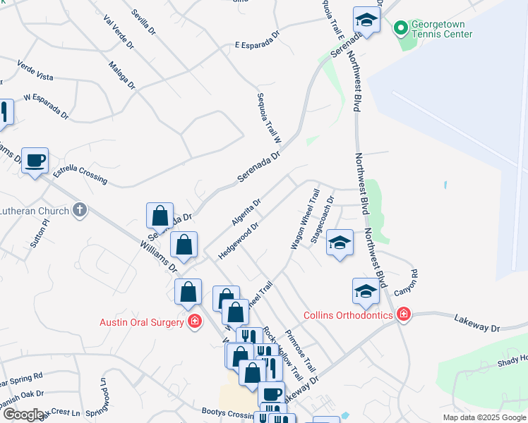 map of restaurants, bars, coffee shops, grocery stores, and more near 3801 Foust Trail in Georgetown