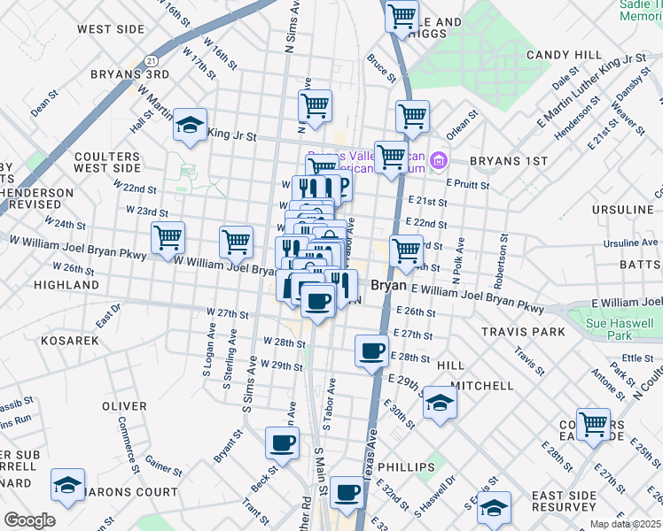 map of restaurants, bars, coffee shops, grocery stores, and more near 206 North Main Street in Bryan