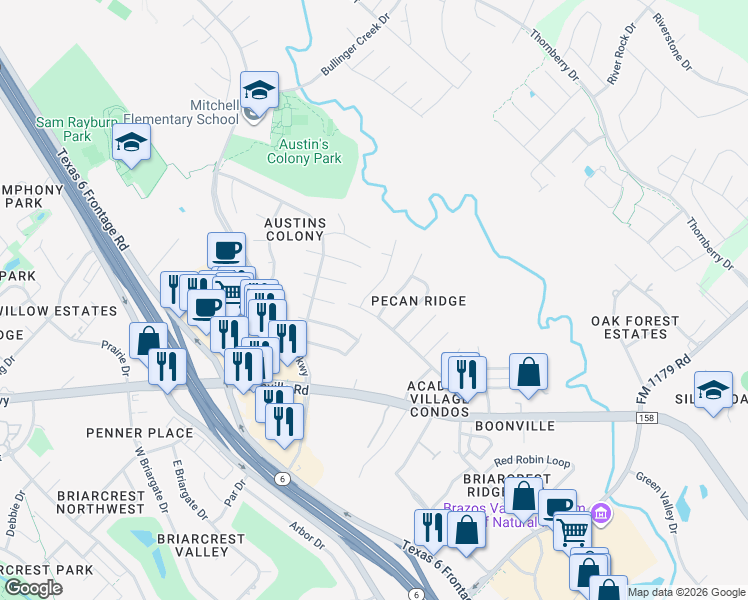 map of restaurants, bars, coffee shops, grocery stores, and more near 3602 Elliott Street in Bryan