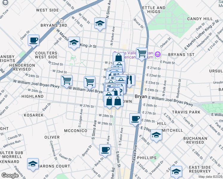 map of restaurants, bars, coffee shops, grocery stores, and more near 206 North Main Street in Bryan