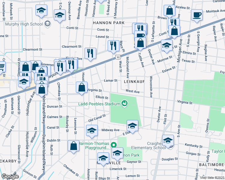 map of restaurants, bars, coffee shops, grocery stores, and more near 1644 Virginia Street in Mobile