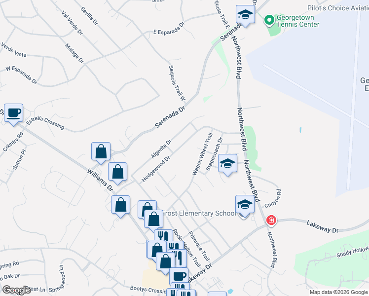 map of restaurants, bars, coffee shops, grocery stores, and more near 702 Hedgewood Drive in Georgetown