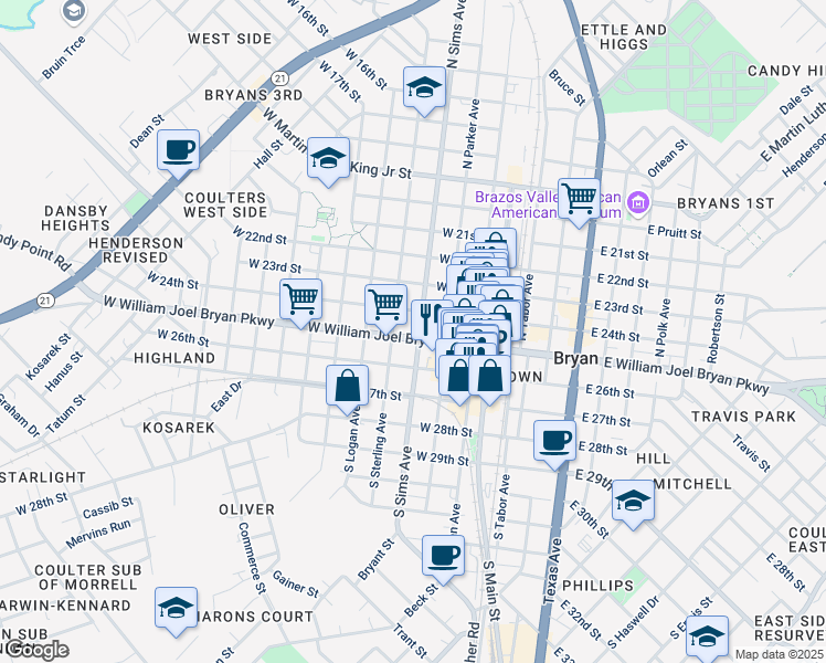 map of restaurants, bars, coffee shops, grocery stores, and more near 402 West William Joel Bryan Parkway in Bryan