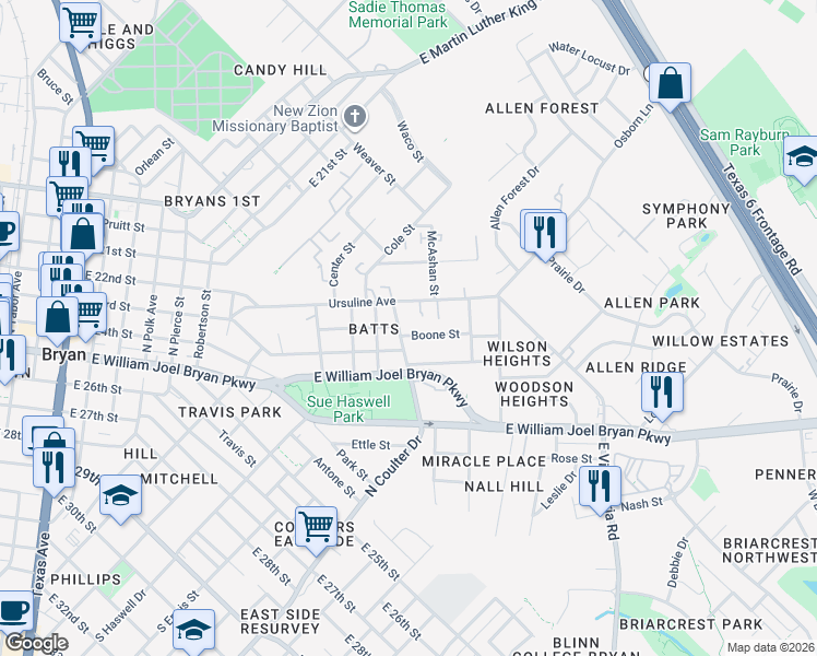 map of restaurants, bars, coffee shops, grocery stores, and more near 706 North Coulter Drive in Bryan