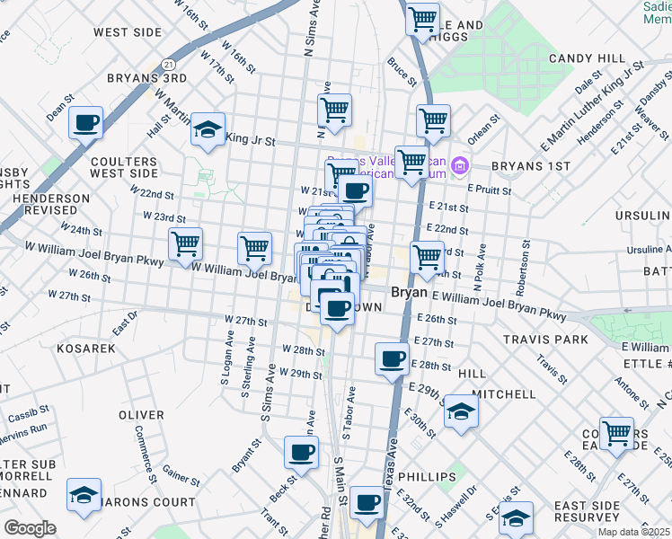 map of restaurants, bars, coffee shops, grocery stores, and more near 206 North Main Street in Bryan