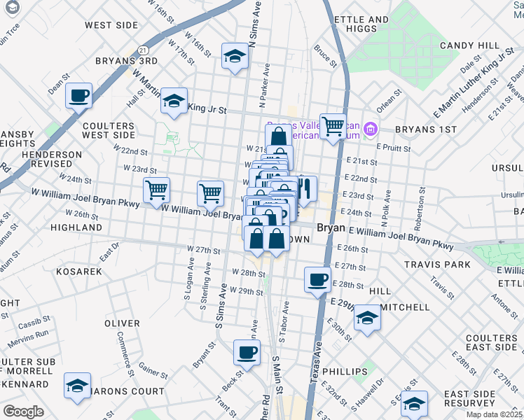 map of restaurants, bars, coffee shops, grocery stores, and more near 206 North Main Street in Bryan