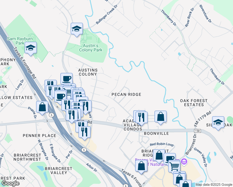 map of restaurants, bars, coffee shops, grocery stores, and more near 3607 Elliott Street in Bryan
