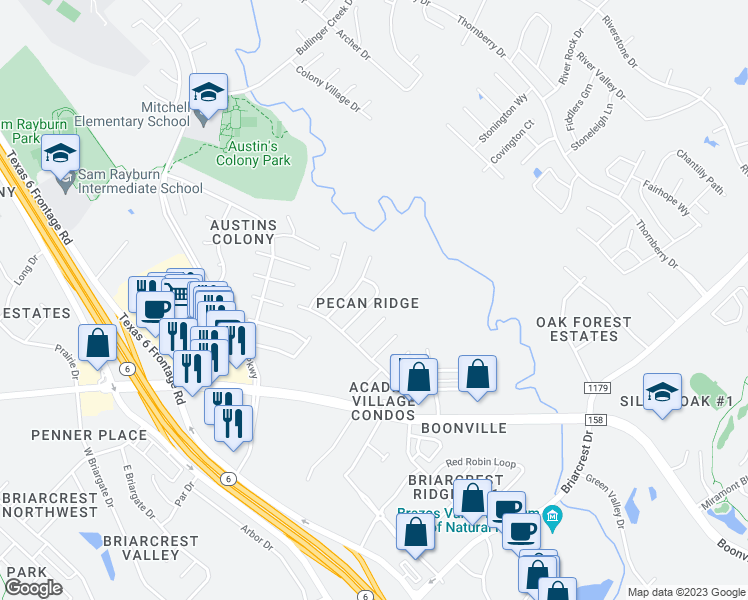 map of restaurants, bars, coffee shops, grocery stores, and more near 3614 Mahan Street in Bryan