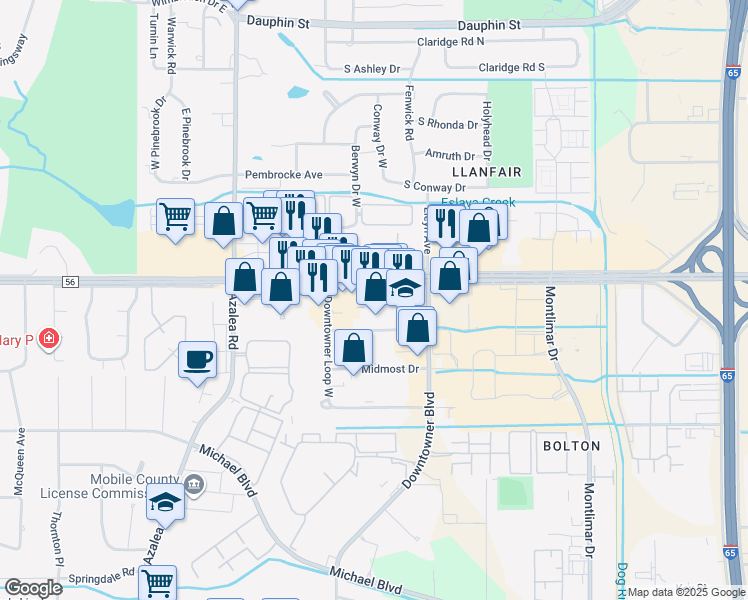 map of restaurants, bars, coffee shops, grocery stores, and more near 3843 Airport Blvd in Mobile