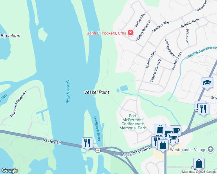 map of restaurants, bars, coffee shops, grocery stores, and more near 30920 Blakley River Road in Spanish Fort