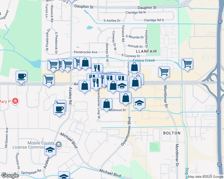 map of restaurants, bars, coffee shops, grocery stores, and more near 3843 Airport Blvd in Mobile