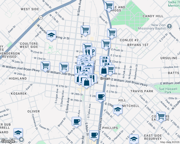 map of restaurants, bars, coffee shops, grocery stores, and more near 201-299 North Tabor Avenue in Bryan