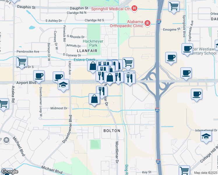 map of restaurants, bars, coffee shops, grocery stores, and more near 831 Montlimar Dr in Mobile