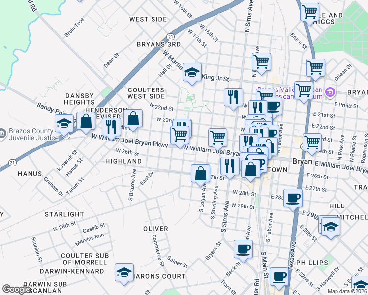 map of restaurants, bars, coffee shops, grocery stores, and more near 801 East 25th Street in Bryan