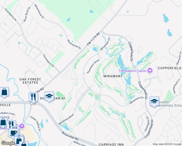 map of restaurants, bars, coffee shops, grocery stores, and more near 5102 Inverness Drive in Bryan
