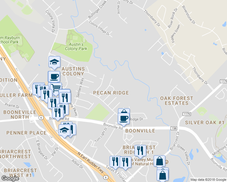 map of restaurants, bars, coffee shops, grocery stores, and more near 3612 Mahan Street in Bryan