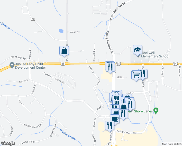 map of restaurants, bars, coffee shops, grocery stores, and more near 30885 Pine Court in Spanish Fort
